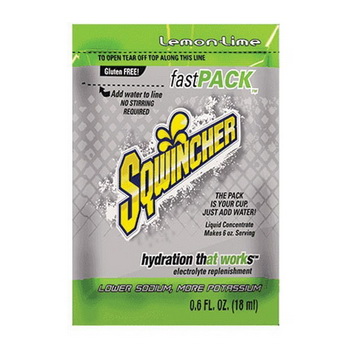 Packaged Sqwincher electrolyte replenishment in lemon lime flavor.